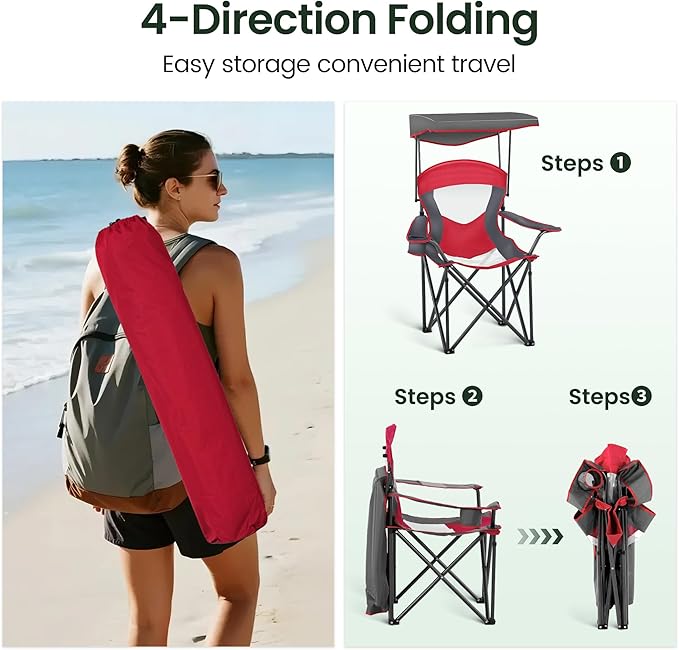 HIGH POINT SPORTS Camping Chairs with Shade Heavy Duty Canopy Lounge Chair Sunshade Hiking Travel Chair with Cup Holder for Outdoor Camping Beach and Patio Red