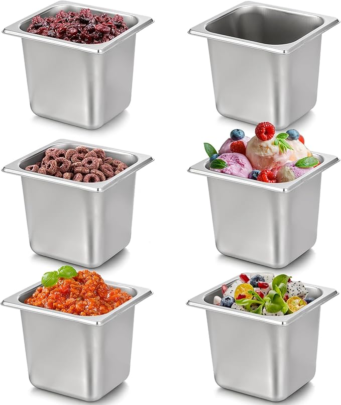 TOPZEA 6 Pack Hotel Pans 1/6 Size 6 Deep Stainless Steel Steam Table Pan Commercial Heavy Duty Catering Pan for Buffet Serving Food Prep Salad &amp Ice Cream Bar Restaurant Dishwasher Safe