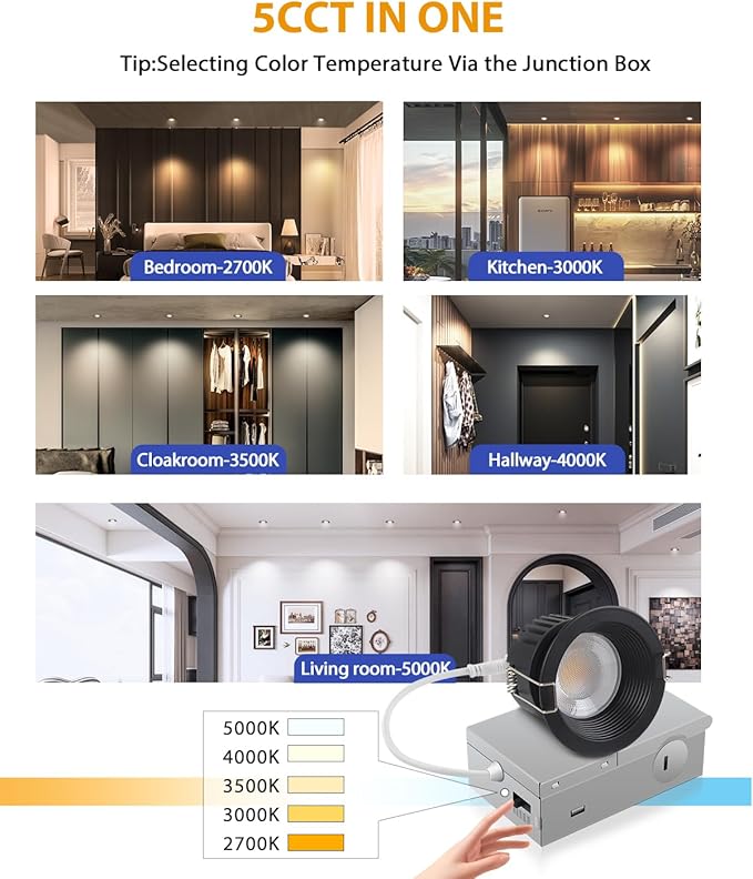 Adetu 3 Inch 5CCT Black Anti-Glare LED Downlight with Junction Box 2700K/3000K/4000K/5000K Selectable CRI90+ 12W COB 1160LM IP65 Waterproof Dimmable-ETL and Energy Star Certified (Black6 Pack)