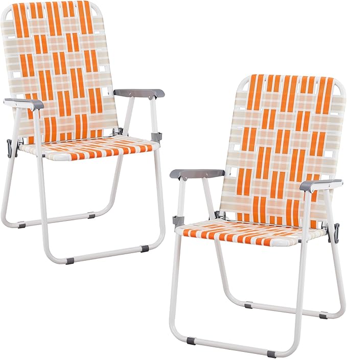 2 Pcs Folding Beach Chair Webbed Chair Portable Camping Chair Patio Lawn Webbed Folding Chairs Set Folding Backpack Beach Chair for Camping Beach Travel Lawn Yard Garden