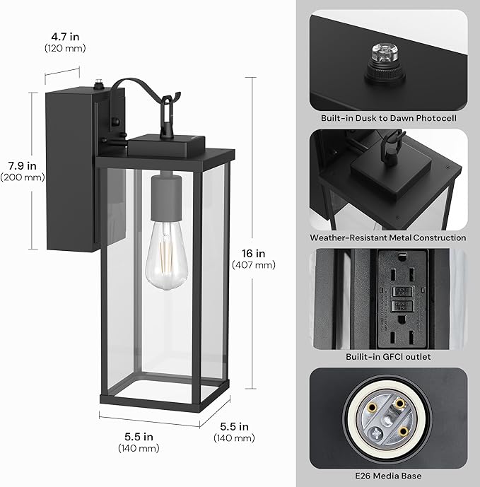 L LOHAS LED Upgraded Dusk to Dawn Outdoor Wall Lights with GFCI Outlet 17 Inch Matte Black Waterproof Anti-Rust Outdoor Light Fixtures with Clear Glass Exterior Light Fixtures for Porch Garage ETL