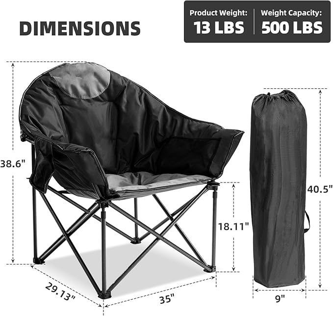 Oversized Camping Chair 2 PCS Padded Moon Saucer Chair with Cup Holder &amp Carry Bag Heavy Duty 500lbs Capacity Folding Outdoor Lounge Chair for Lawn Patio Sports - Black &amp Gray