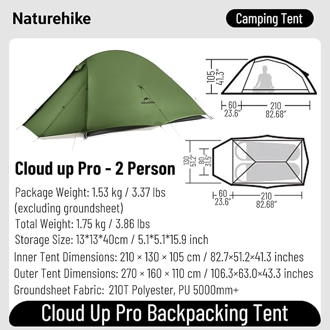 Naturehike Cloud up Pro Camping Tent 1/2/3 Person Ultralight Tents 3 Season Backpacking Tent Waterproof for One Man Self-Standing Easy Setup for Cycling Outdoor Camp