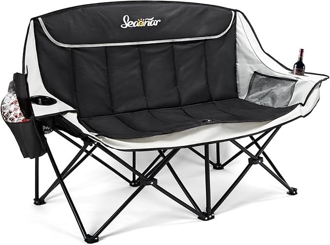 Double Camping Chair for Adults Outdoor Folding Chair with 2 Cooler Bags Support 500lbs Heavy Duty Camp Chair for Outdoor Sports Beach - Black&ampGrey