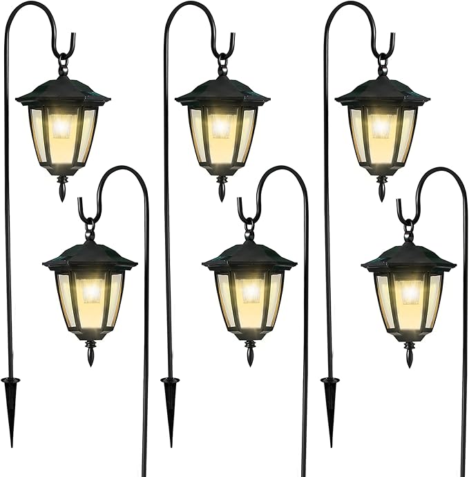 Dynaming 6 Pack Solar Hanging Lights Outdoor Solar Powered Garden Decorative Lanterns with 6 x 38 Inch Shepherd Hooks Waterproof Landscape Lighting for Lawn Patio Yard Pathway Driveway Warm White