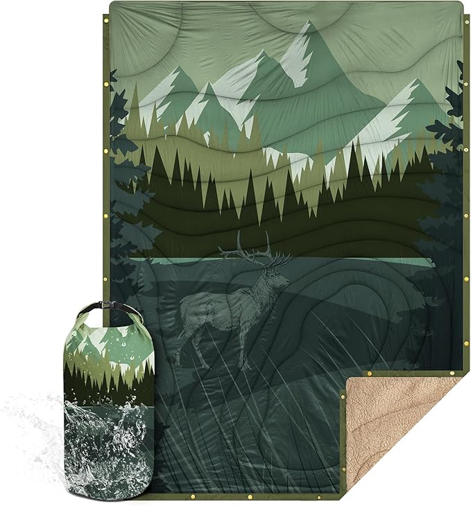 Outdoor Camping Blanket with Sherpa Lining Extra Warm Thick Camp Blankets and Puffy Ultralight Soft Poncho DWR Camping Quilt for Cold Weather Adventure Sleeping Backpacking 78x 56