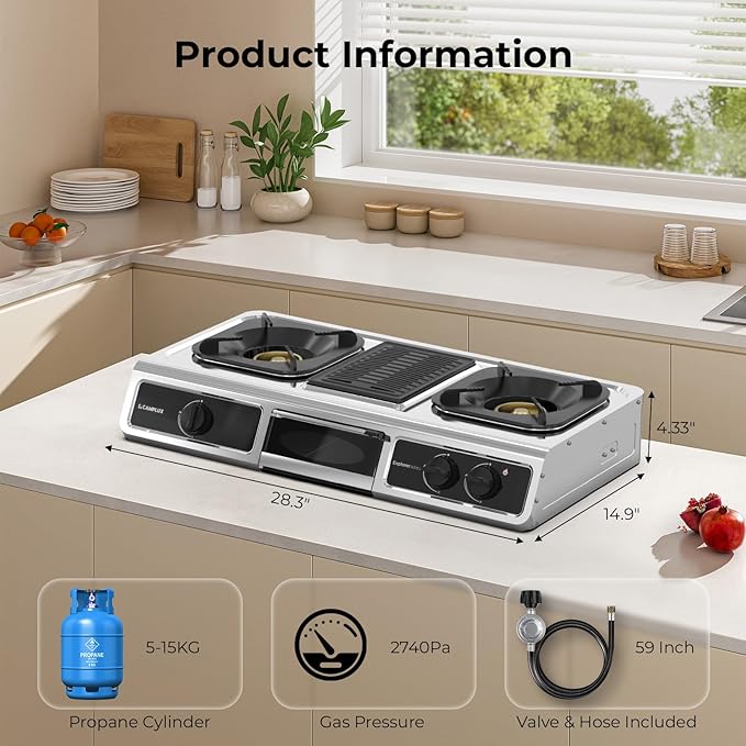 CAMPLUX 3 Burner with 1 Grill Plate Propane Gas Cooktop Stove 26000 BTU Stainless Steel Triple Burner Propane Cooktop for Outdoor Kitchen Cooking with CSA Regulator Estufa de Gas Portatil
