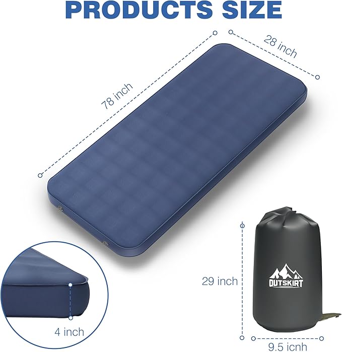 OUTSKIRT Ultralight Self Inflating Sleeping Pad 4 Thick Camping Mattress with Pump Pack 9.5 R-Value Insulated Sleeping Mat Portable Camping Bed for Tent Car Truck or Van 4 Season Camp Mattress