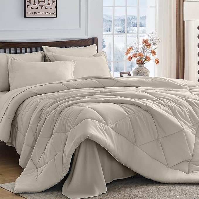 HEVUMYI Linen Full Comforter Set - 7-Piece All Season Bed in a Bag Full Ultra Soft Bedding Set with Comforter Flat Sheet Fitted Sheet Pillowcases Pillow Shams