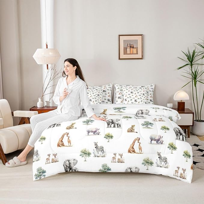 Cute Giraffe Zebra Elephant Comforter Set with SheetsPillowcases &amp Cushion Cover Zoo Animal 7 Piece Bedding Set for Boys Girls Room Decor Cartoon Animal Bed in a Bag King Size Wildlife Microfiber