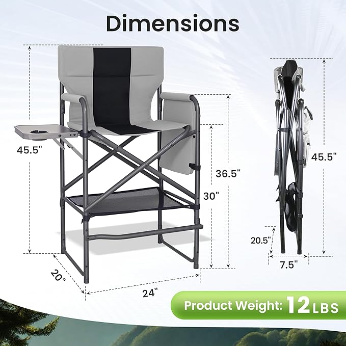 30 Bar Height Director Chair - 400lbs Heavy Duty with Detachable Footrest &amp Side Table Portable Foldable Chair for Makeup Artists/Outdoor Events (Black/Gray)