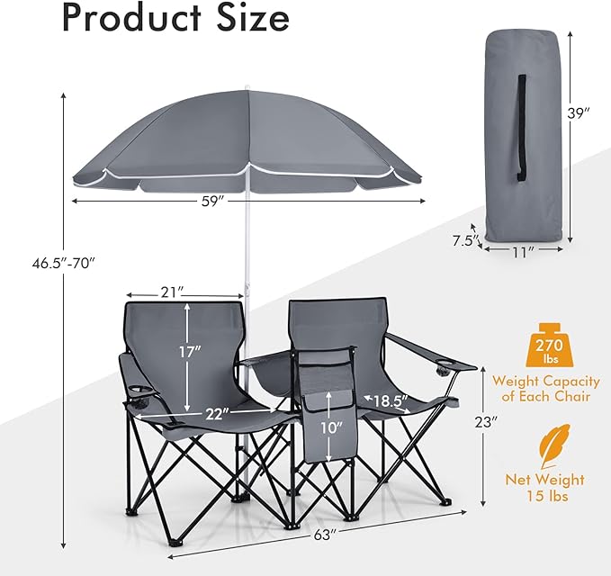 Giantex Double Camping Chair with Umbrella - Folding Picnic Loveseat with Carrying Bag Cooler Bag Table Side Pocket &amp Cupholder Portable Beach Chair for Camping Picnic Fishing Beach