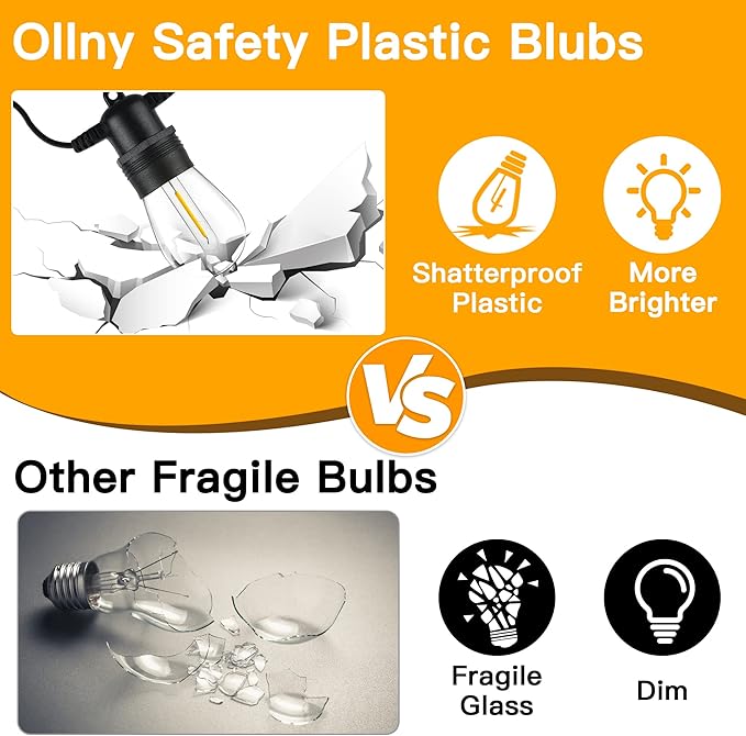 Ollny Outdoor String Lights 50 FT Waterproof Connectable Patio Lights with 15 Shatterproof Bulbs(2 Spare) Outside Hanging Light for Balcony Porch Yard Garden Backyard