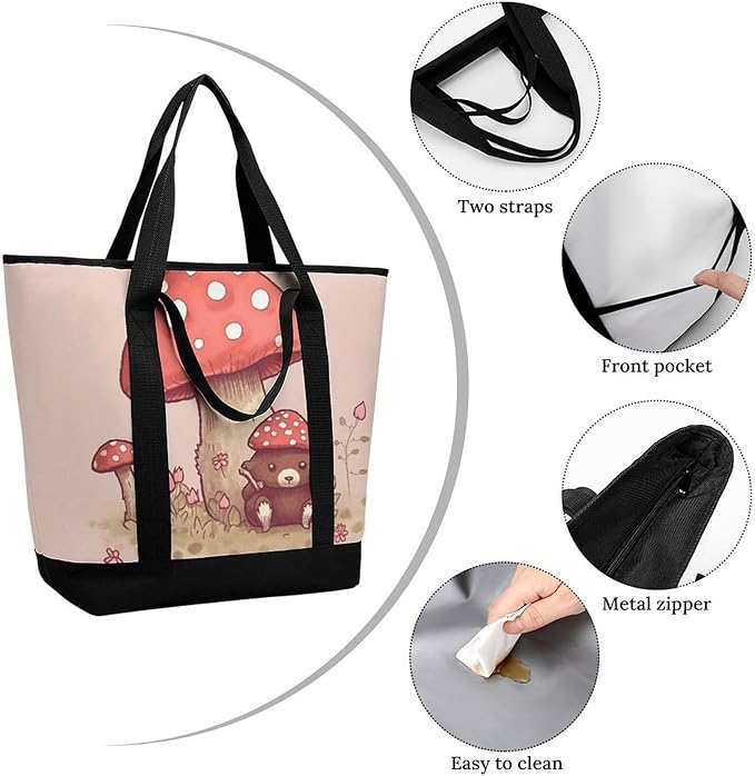 Insulated Shopping BagLarge Reusable Cooler Bags Bear And Mushroom Printed Foldable Shopping BagTravel Waterproof Shoulder Bag