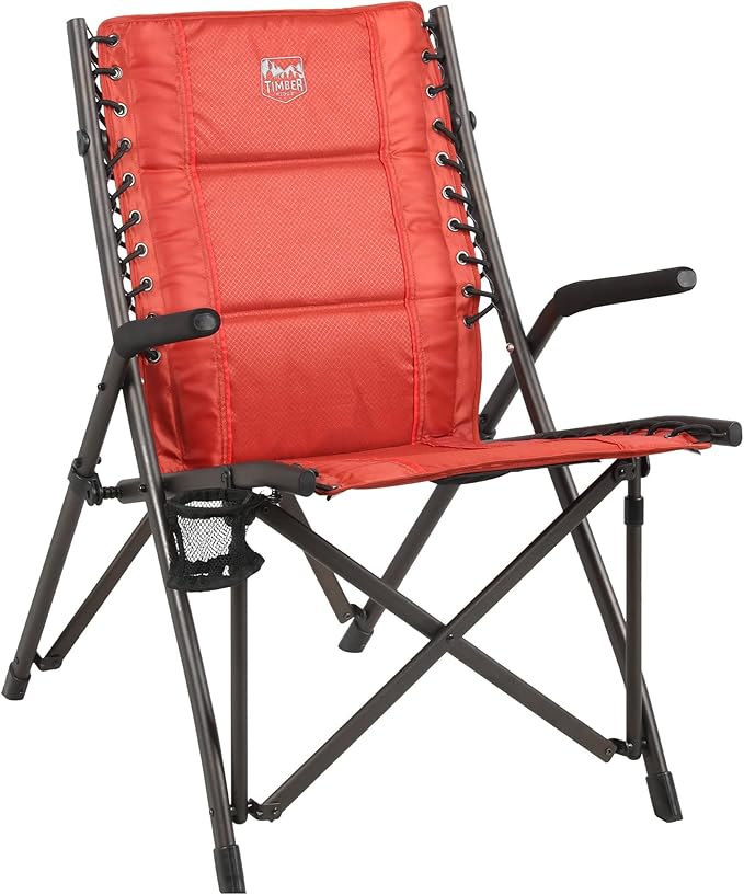 Timber Ridge Bungee Folding Camping Chairs for Adults Heavy Duty Collapsible Padded Chair with Armrests Cup Holder Foldable Outdoor Lounge Chairs for Beach Fishing Lawn Supports 300 lbs Red