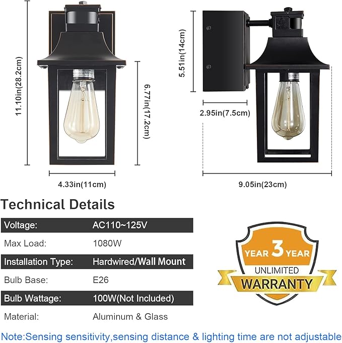 Porch Lights with GFCI OutletDusk to Dawn Motion Sensor Outdoor Lights3 Light Modes Black Front Door LightsWaterproof Outside Wall sconces for House Patio Garage (2 Pack)