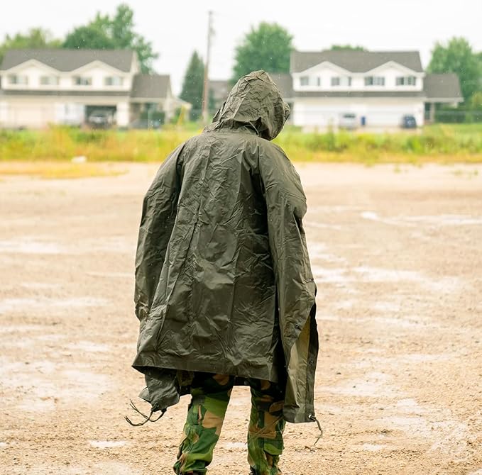 Mil-Tec Adult Ripstop Wet Weather Lightweight Waterproof Multi-Use Rain Poncho with Hood - Use as Bivouac Sack Shelter Tent