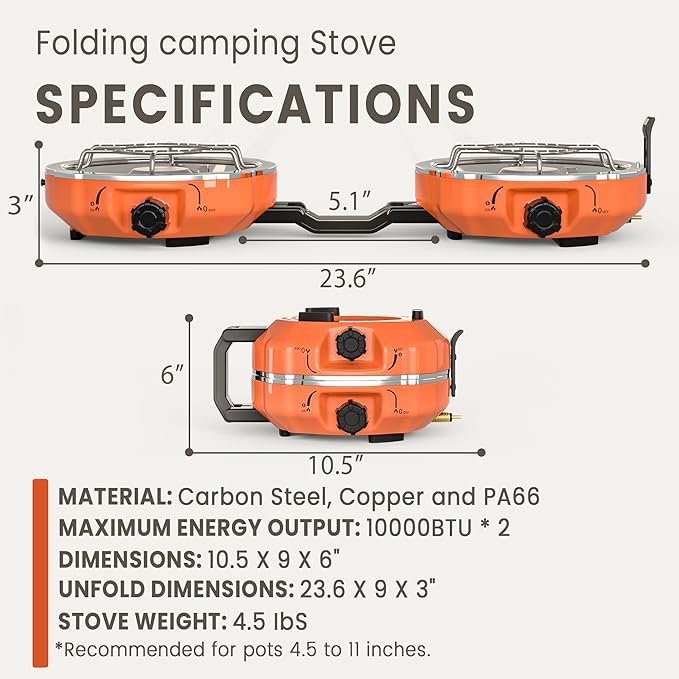 20000 BTUs 2 Burner Propane Camping Stove Portable Folding Camp Stove with Adjustable Burners Regulator and Carrying Bag Dual Gas Stoves Easy Carrying Handle for Tailgating Camping BBQ