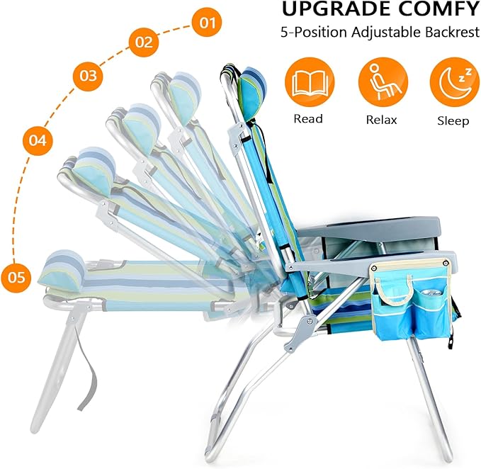 VINGLI 2 Pack Tall Beach Chair 16 with 5-Position Cooler Bag Cup Holders Towel Bar Lightweight Folding Beach Camping Chairs for Adults