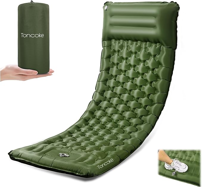 Sleeping Pad 4.7 Extra-Thick &amp Ultralight Inflatable Camping Mat with Pillow Built-in Foot Pump Compact for Backpacking Camping Hiking Travel —Military Green