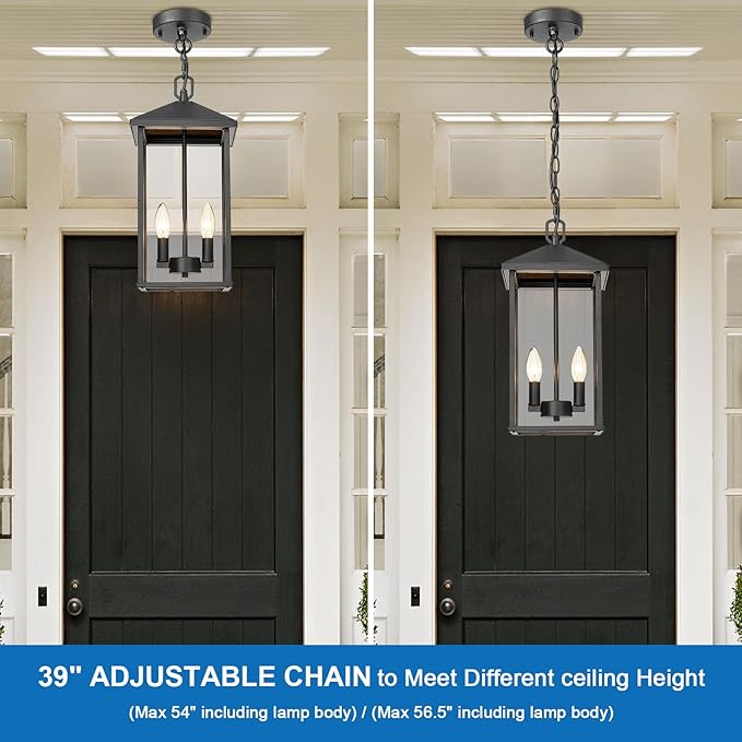 Large Outdoor Pendant Light Matte Black Hanging Light Fixture Ceiling Mount 2-Light Dusk to Dawn Modern Large Outdoor Chandelier with Clear Glass Exterior Pendant Lights for Porch Patio