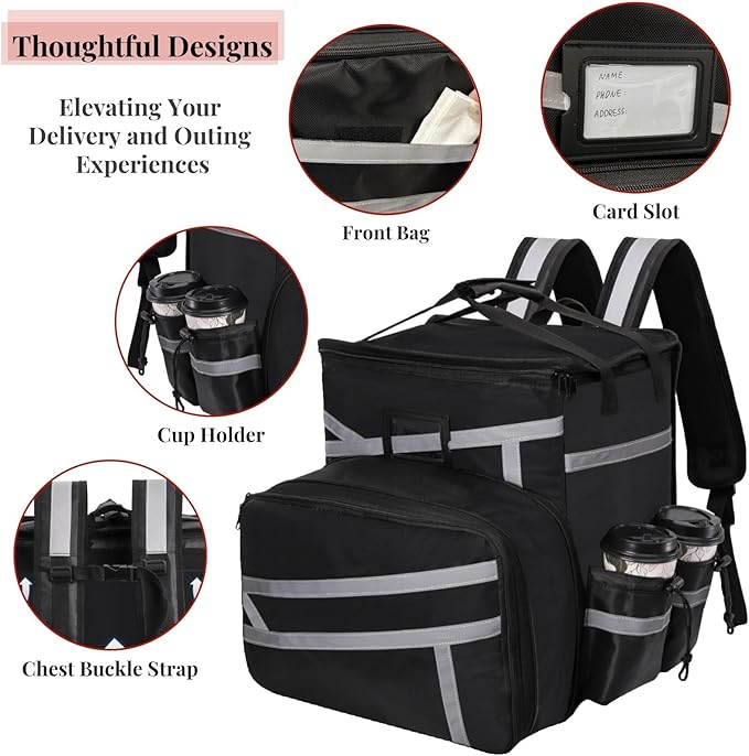 Food Delivery Backpack Expandable Insulated Pizza Bag with 4 Cup Holders Large Waterproof Catering Bag with Reflective Strip Support Boards for Delivery Bike Doordash