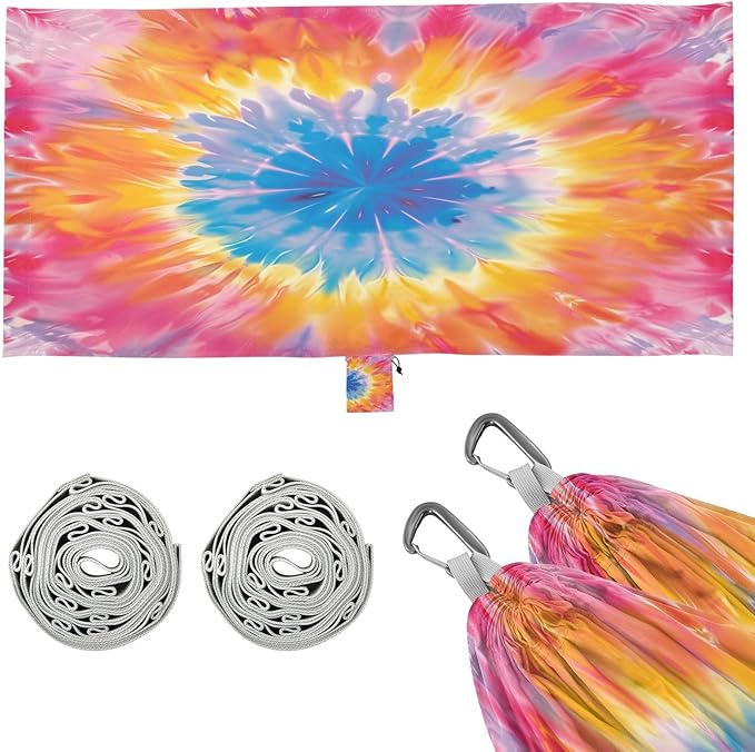 ALAZA Tie Dye Pink Yellow &amp Blue Camping Hammocks Single or 2 Person 500 lbs Portable Parachute Travel Hammock w/Tree Straps for Hiking Backpacking Indoor Outdoor
