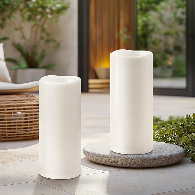 5 x 14 White Large Waterproof Outdoor Flameless Candles Battery Operated LED Flickering Pillar Candles with Remote and Timer for Indoor Outdoor Lanterns Long Lasting Set of 2