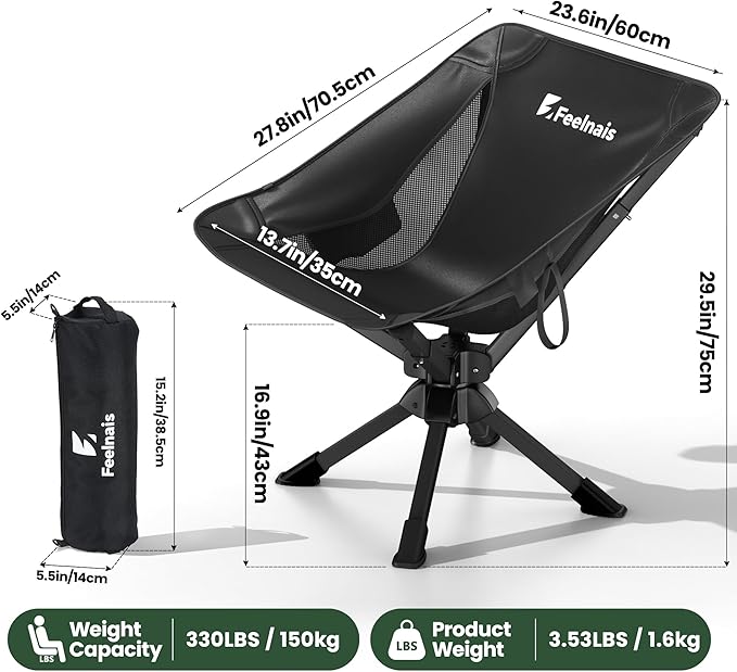Folding Camping Chairs Lightweight &amp Portable No Assembly 360° Swivel Camping Chair for Adults Compact Outdoor Chairs for Beach Lawn Travel Backpacking Hiking Fishing