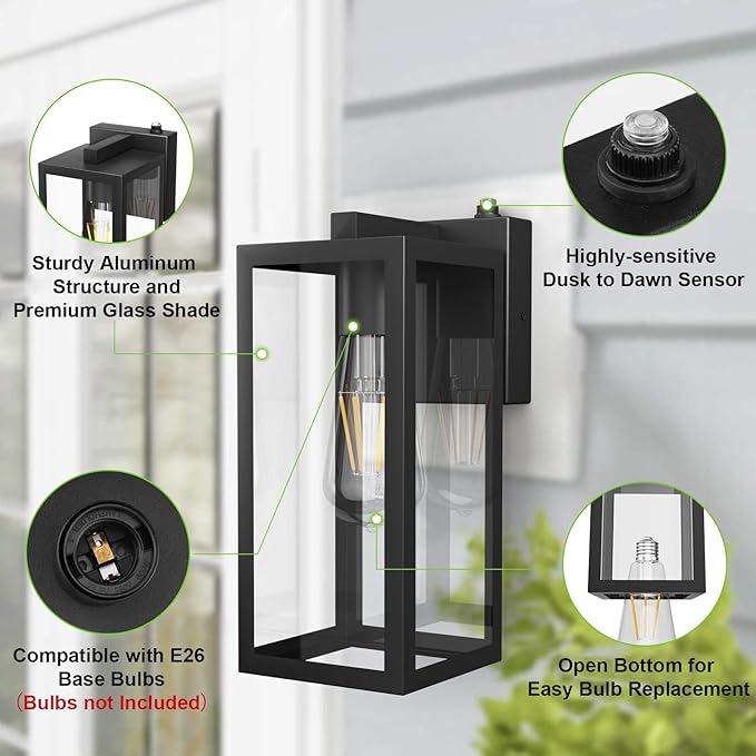 Aipsun Dusk to Dawn Sensor Outdoor Wall Lantern Black Exterior Wall Sconce LightingOutdoor Wall Sconce Wall Mount with Clear Glass Shade for EntrywayPorchDoorway(Bulb Not Included)