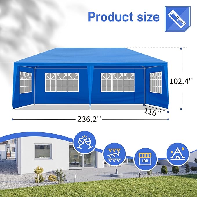 VOYAGEECO 10'x20' Outdoor Party Tent with 6 Removable Sidewalls Waterproof Canopy Patio Wedding Gazebo Blue
