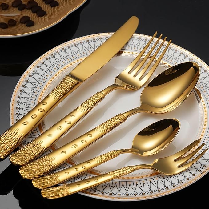50-piece Silverware Set for 10304 Stainless Steel Flatware Cutlery SetForks Spoons and Knives Set for Home/Camping/TravelMirror FinishDishwasher Safe(Gold)