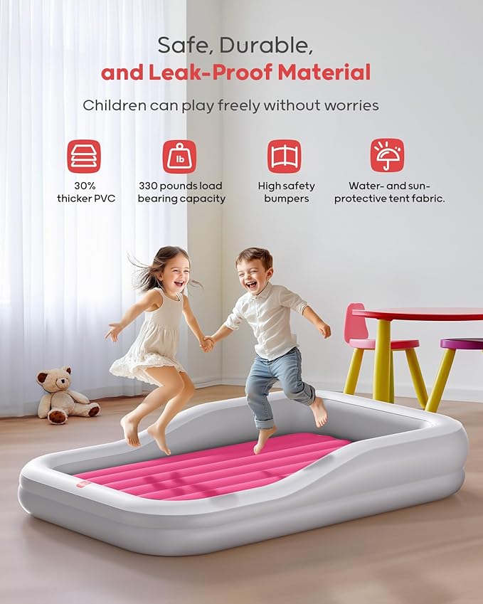 QPAU Inflatable Toddler Travel Bed with Tent Portable Kids Air Mattress with Safety Sides Ideal for Home Grandma's Camping Traveling -Includes Fast Electric Pump