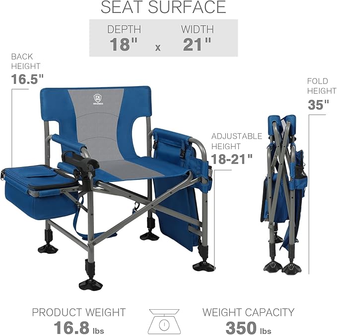 EVER ADVANCED Fishing Chair with Rod Holder and Cooler All Terrain Ice Fishing Chair with Adjustable Feet Mesh Back Folding Camping Chair with Shoulder Strap Heavy Duty Supports 350LBS