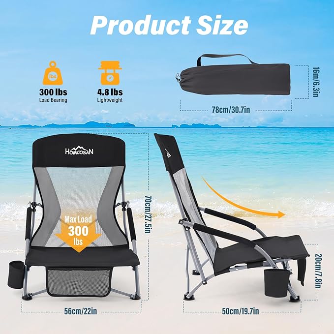 Homcosan Portable Low Folding Beach Chair - Lightweight Camping Chair for Adults with Cup Holder &amp Storage Pocket Carry Bag Included (Black &amp Gray)