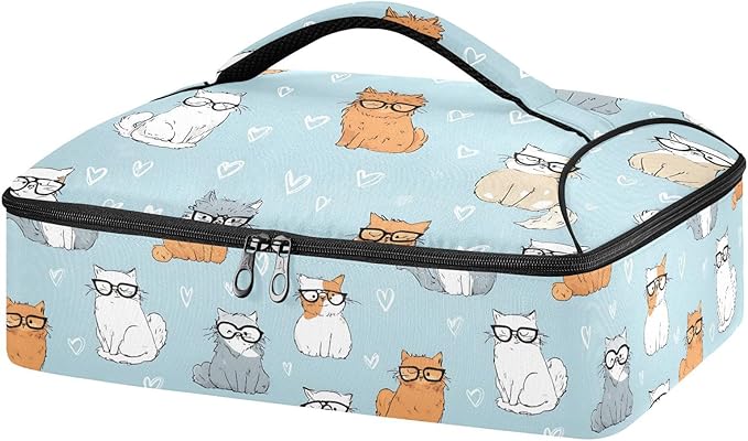Casserole Carrier Pattern Cute Cartoon Cat PrintInsulated Casserole Carrier for Hot or Cold Food Thermal Lunch Tote for Potluck Parties Picnic Beach Fits 9 x 13 Inches Baking Dish