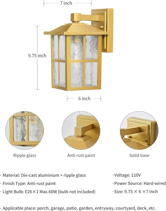 KDG Outdoor Waterproof Patio Wall Light Fixtures Set of 2 Gold E26 Socket Exterior Lanterns with Tempered Glass Modern Wall Mounted Lamp Suitable for Home Front Door Garden Garage Porch