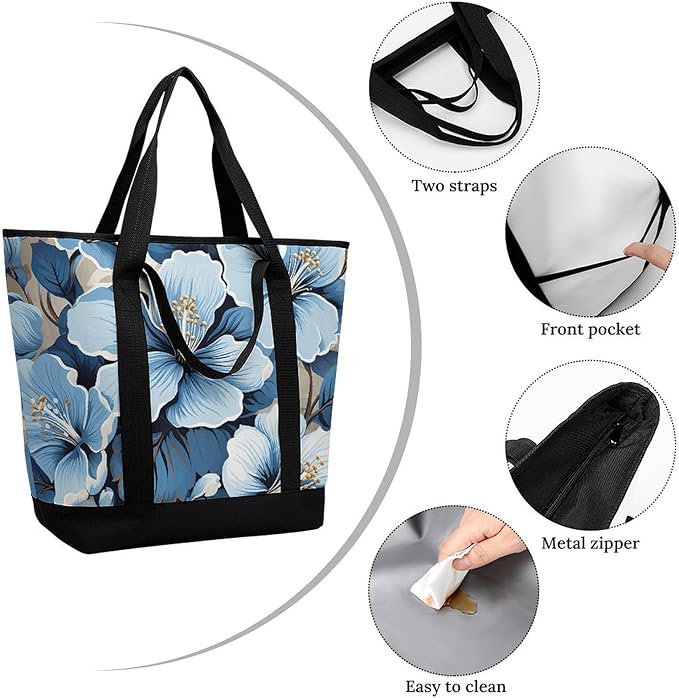 Insulated Shopping BagLarge Reusable Cooler Bags Blue Hibiscus Flower Printed Foldable Shopping BagTravel Waterproof Shoulder Bag
