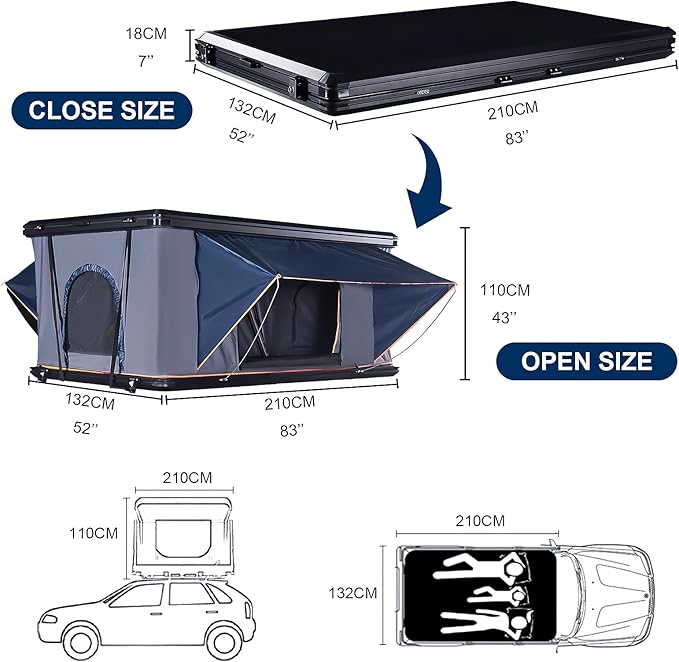 Rooftop Tent Hard Shell Overland Rooftop Tent for Van Jeep SUV Truck Car TentAluminum Alloy roof Tent Waterproof 2-3 Peoplepop up tents for camping Large Black ASANEST-002