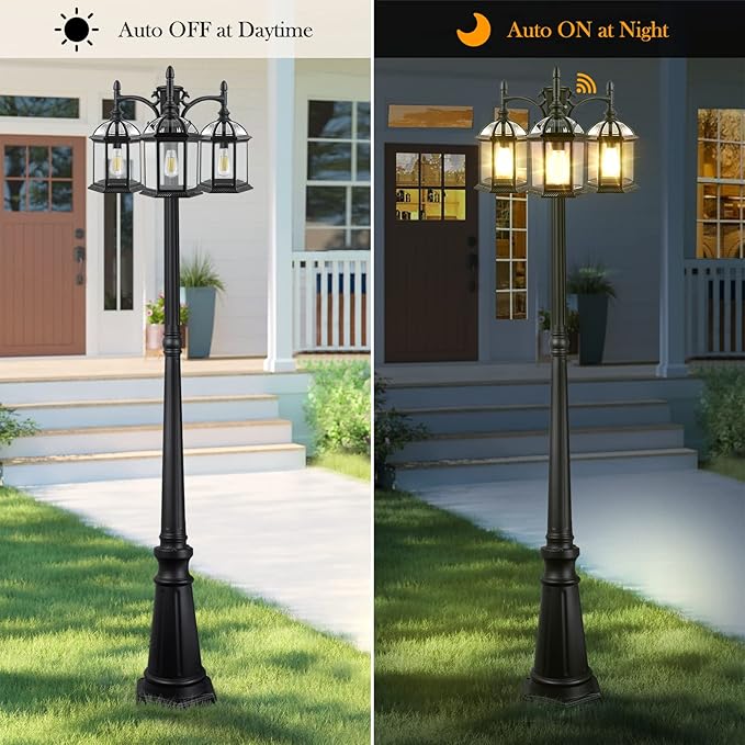 Dusk to Dawn Outdoor Lamp Post Light with 3 LED Bulbs Triple Head Aluminum Street Light Post for Outside with Sensor Waterproof Birdcage Pole Lighting Fixture for Backyard Garden Patio Driveway