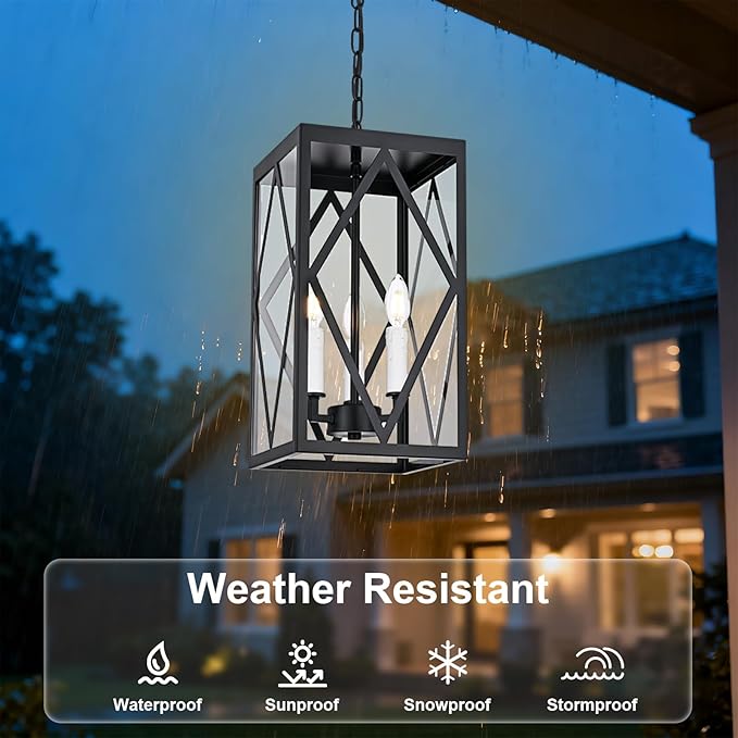 3 Lights Outdoor Pendant Light for Porch Black &amp White Exterior Hanging Light Fixture with Clear Glass Industrial Metal Cage Outside Chandelier Pendant for Porch Entryway Front Door Doorway