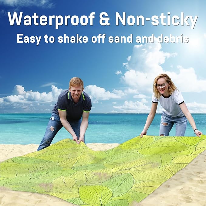 Waterproof Sandproof Beach Blanket 59''×68'' Curry Leaf Polyester Outdoor Picnic Blanket with 4 Stakes &amp Storage Bag for BeachCampingVacation Green