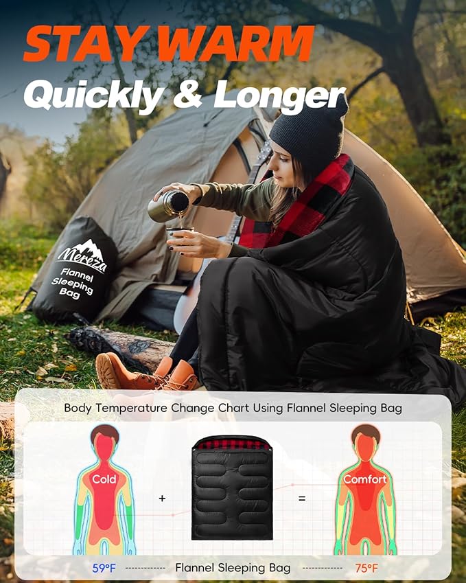 MEREZA Flannel Double Sleeping Bag for Adults Cold Weather XL Queen Size Sleeping Bag for All Season 2 Person Big and Tall Sleeping Bags for Camping 0 Degree with Pillow