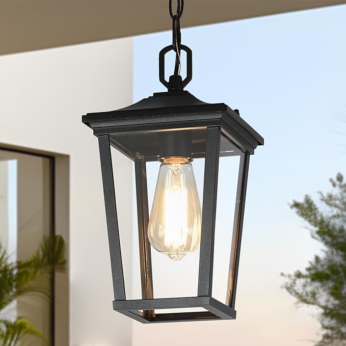 LALUZ Outdoor Pendant Light Weather-Resistant Hanging Lantern Light with Clear Glass Modern Farmhouse Exterior Lighting for Porch Gazebo Entryway Patio