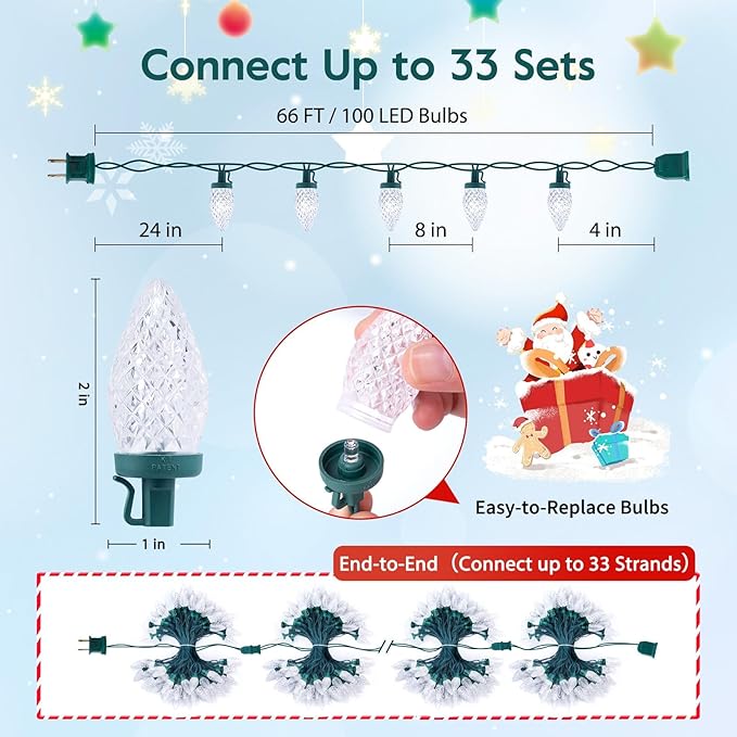 Brightown C9 Christmas String Lights White 66ft 100 LED Faceted Christmas Lights on Green Wire Large Bulb Strawberry String Lights for House Roof Roofline Christmas Tree Party Outdoor