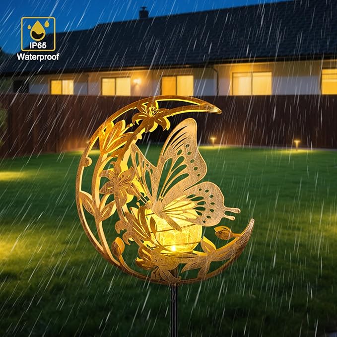 ShangTianFeng Butterfly Lights Outdoor Decor - Moon &amp Bird SolaGardenLights Waterproof Auto On/Off Pathway Lighting for Yard/Lawn/Patio Handcrafted Metal Solar-Stake-Lights for Outside Decoratio