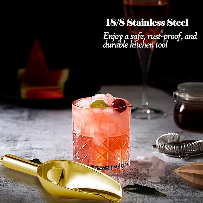 Stainless Steel Ice Scoop 6OZ Small Food Candy Scoop 12.5 Gold Muddler for Cocktails Stainless Steel Drink Muddler Bartender Accessories Lemon Smasher for Home Bar Tool Ice Crusher for Mojitos