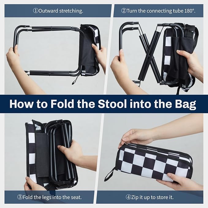 Collapsible Stool Camping Folding Stools: 1.1lbs Lightweight Portable Foot Stool Load 300lbs - 10.5 Inch Camping Chair Fishing Hiking Gardening Beach BBQ with Carry Bag Easy Transport (Black &amp Whi