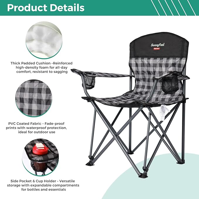SUNNYFEEL Oversized Folding Camping Chair 2 Pack 800 LBS Heavy Duty for Big Tall People Red Padded Portable Collapsible Chairs with Armrest Cup Holder &amp Pocket for Outdoor Travel Picnic Camp Sport