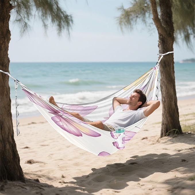 YETTASBIN Pink Purple Butterflies Camping Hammock - 330lbs Lightweight &amp Portable Single or Double Hammock with Tree Straps &amp Carry Bag for Indoor Outdoor Hiking Backpacking Travel Backyard Be